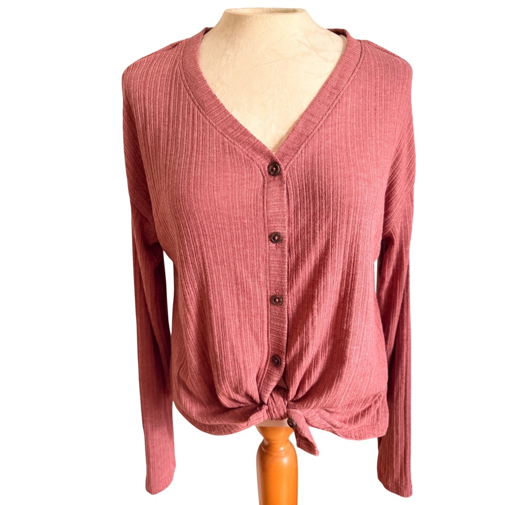SO Womens Ribbed Tie Front Button Down Top Rose Pink Long Sleeve Small